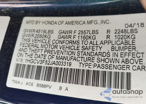 2018 Honda Accord Hybrid Ex-L from USA, damaged, VIN 1HGCV3F52JA003319